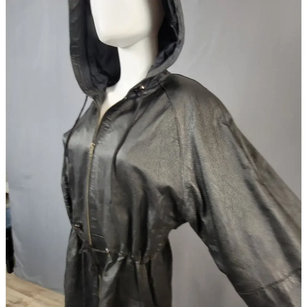 ADA Classics Vintage Brown Leather Hooded Coat with Drawstring Waist